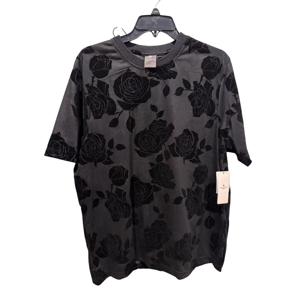Saints Studio Mens Black Rose Floral Flocked Velvet T-Shirt Size Large NWT